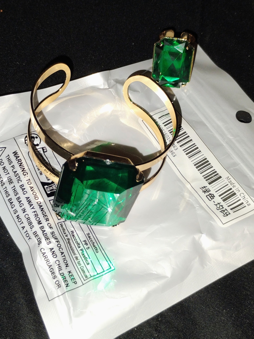 Gold Bracelet and Ring Set with Emerald Green Stones - Women Jewelry